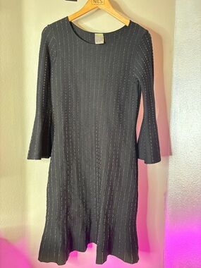 Taylor Black Long-Sleeve Ribbed Dress with Subtle Pinstripes